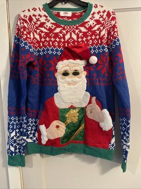Holiday Time Ugly Christmas Sweater, Santa Thumbs Up, L 42-44